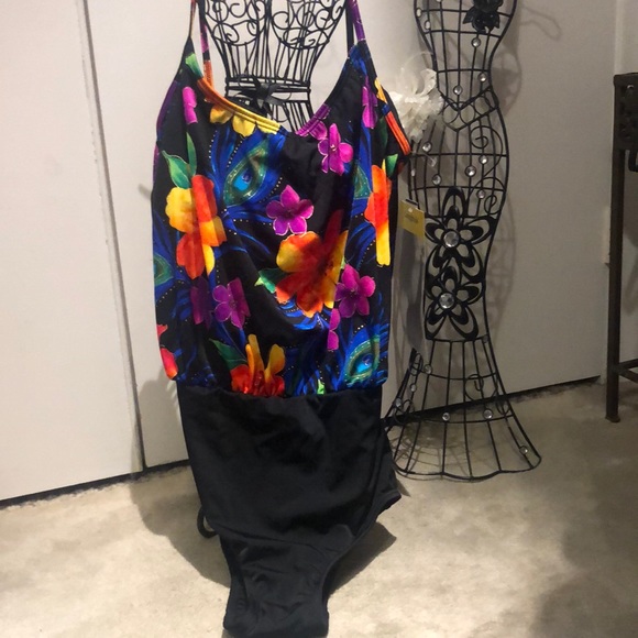 Longitude tank style one piece bathing suit w vibrant colors gold trim medium - Picture 2 of 6